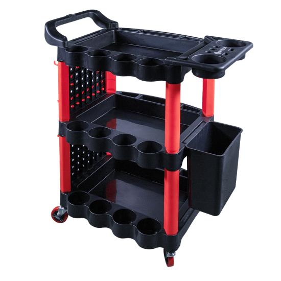 Пластиковый стол тележка на колесиках с одной боковой стенкой и ведром. Место полировщика