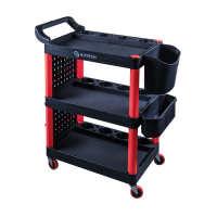 Пластиковый стол тележка на колесиках с одной боковой стенкой и двумя ведрами. Место полировщика