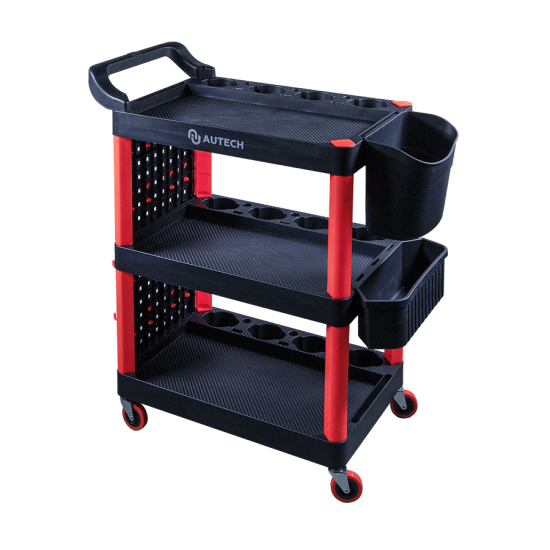 Пластиковый стол тележка на колесиках с одной боковой стенкой и двумя ведрами. Место полировщика