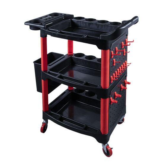 Пластиковый стол тележка на колесиках с одной боковой стенкой и ведром. Место полировщика