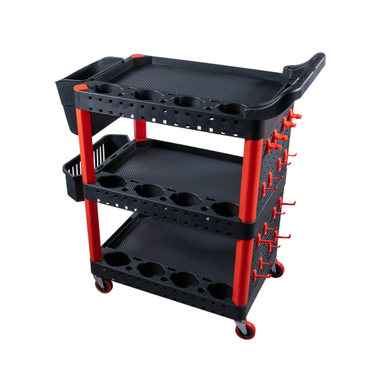 Пластиковый стол тележка на колесиках с одной боковой стенкой и двумя ведрами. Место полировщика